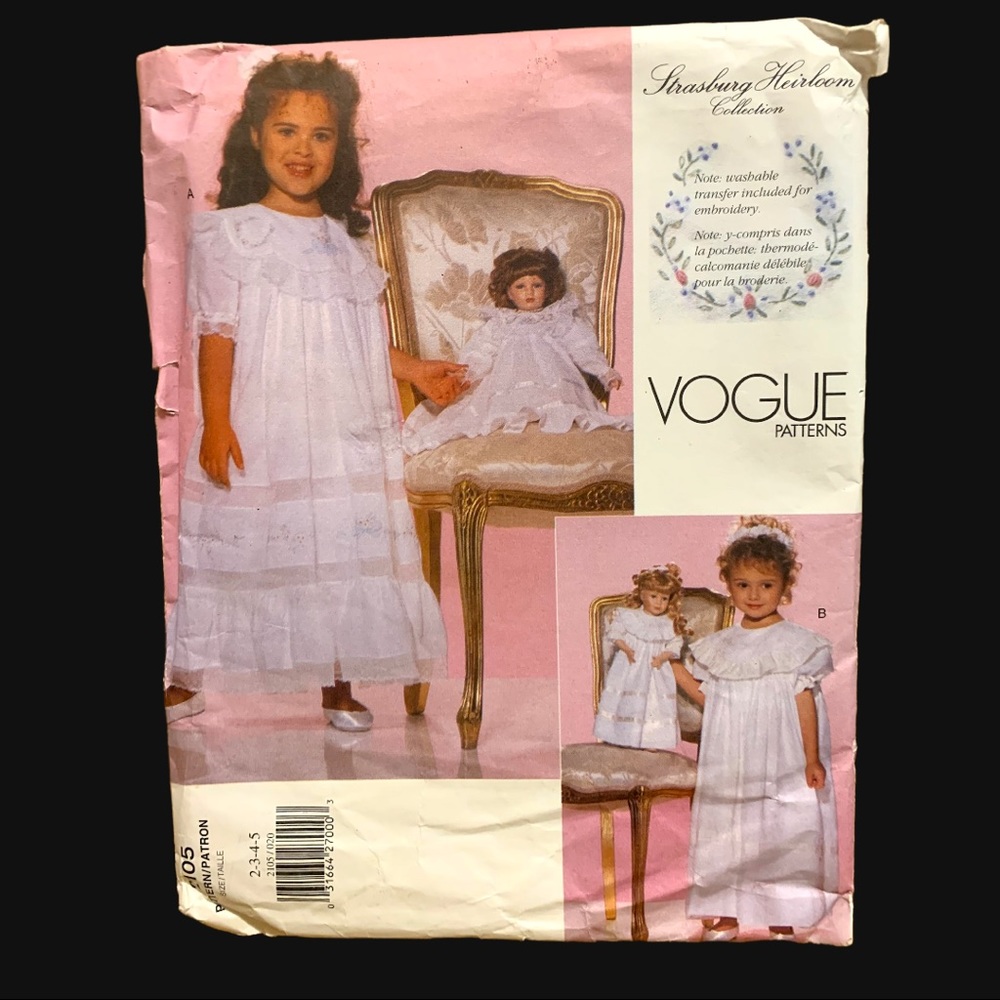 Vogue UNCUT Strasburg Heirloom Girl & Doll Dress Pattern 2105 Embroidery 2 3 4 5